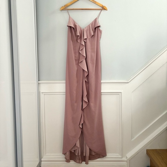 Adrianna Papell Satin Crepe Ruffle Front Long Gown In Steel Rose - Picture 2 of 9